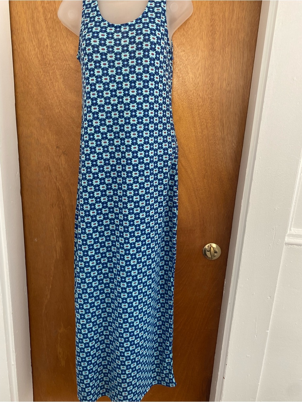 Sleeveless Blue Geo-Print Maxi Dress